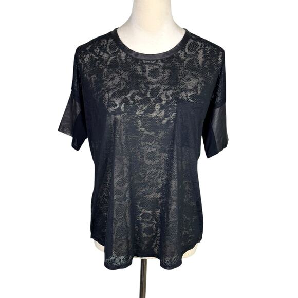 Rebecca Taylor | Snake Print Burnout Black Leather Trim Short Sleeve Sheer Top - Picture 1 of 12